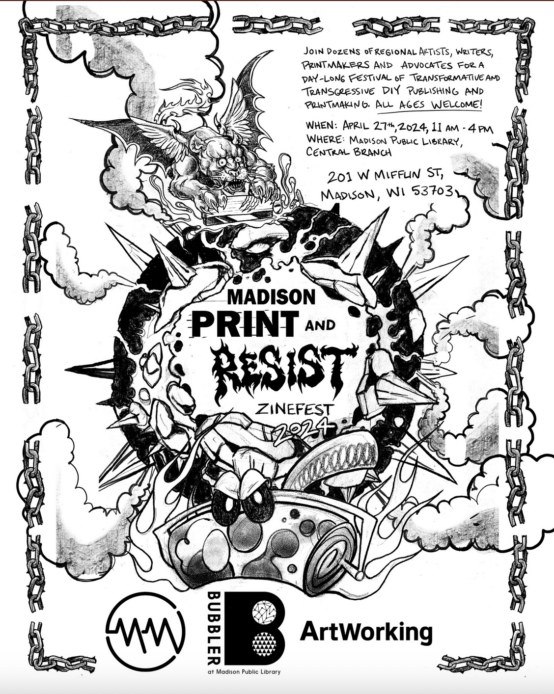 poster for Madison Print & Resist Zinefest at Madison Public Library