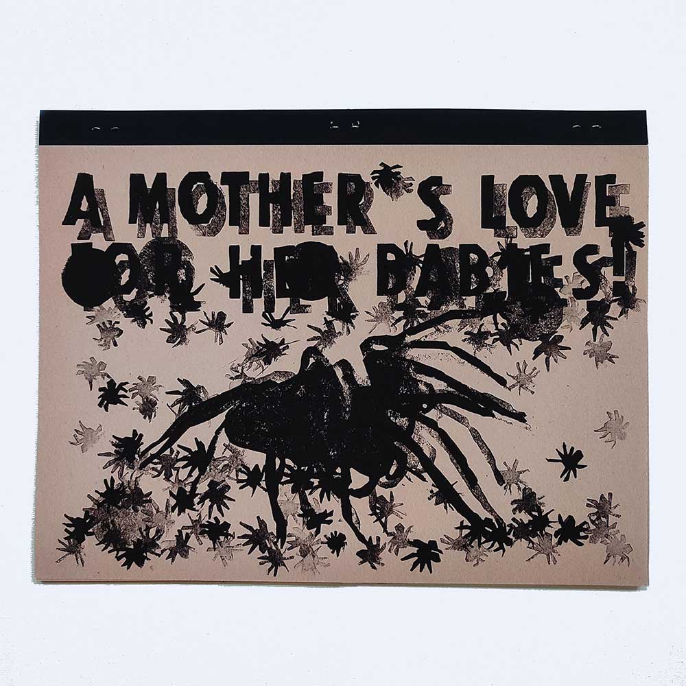 A print of a large, black silhouetted spider and smaller ones, shadowed, on a pale orange background with the words in black above A Mother's Love for her Babies!