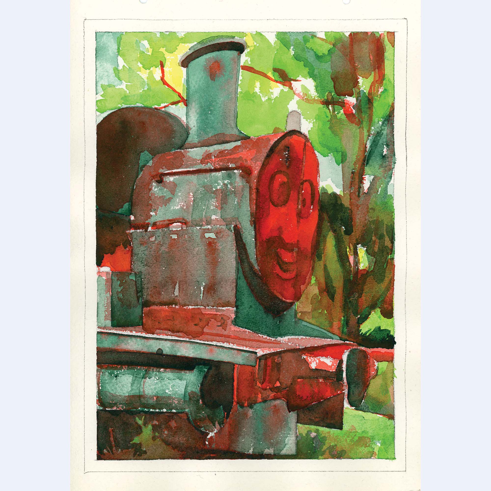 abandoned train in the woods with a red smiling face