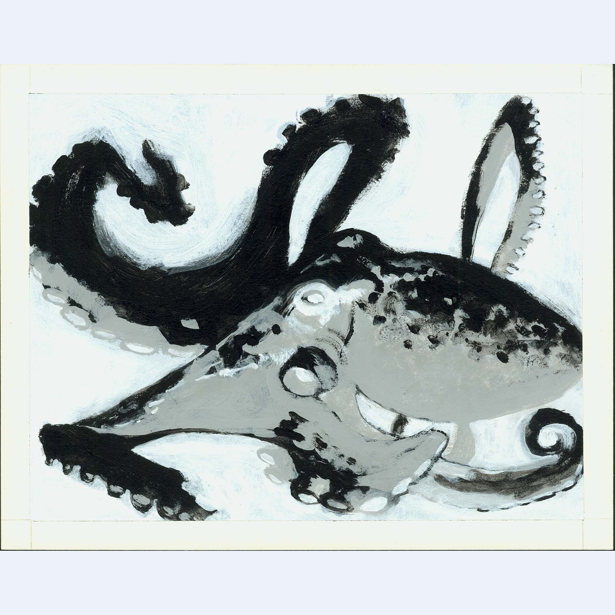 black and white octopus, three quarters view