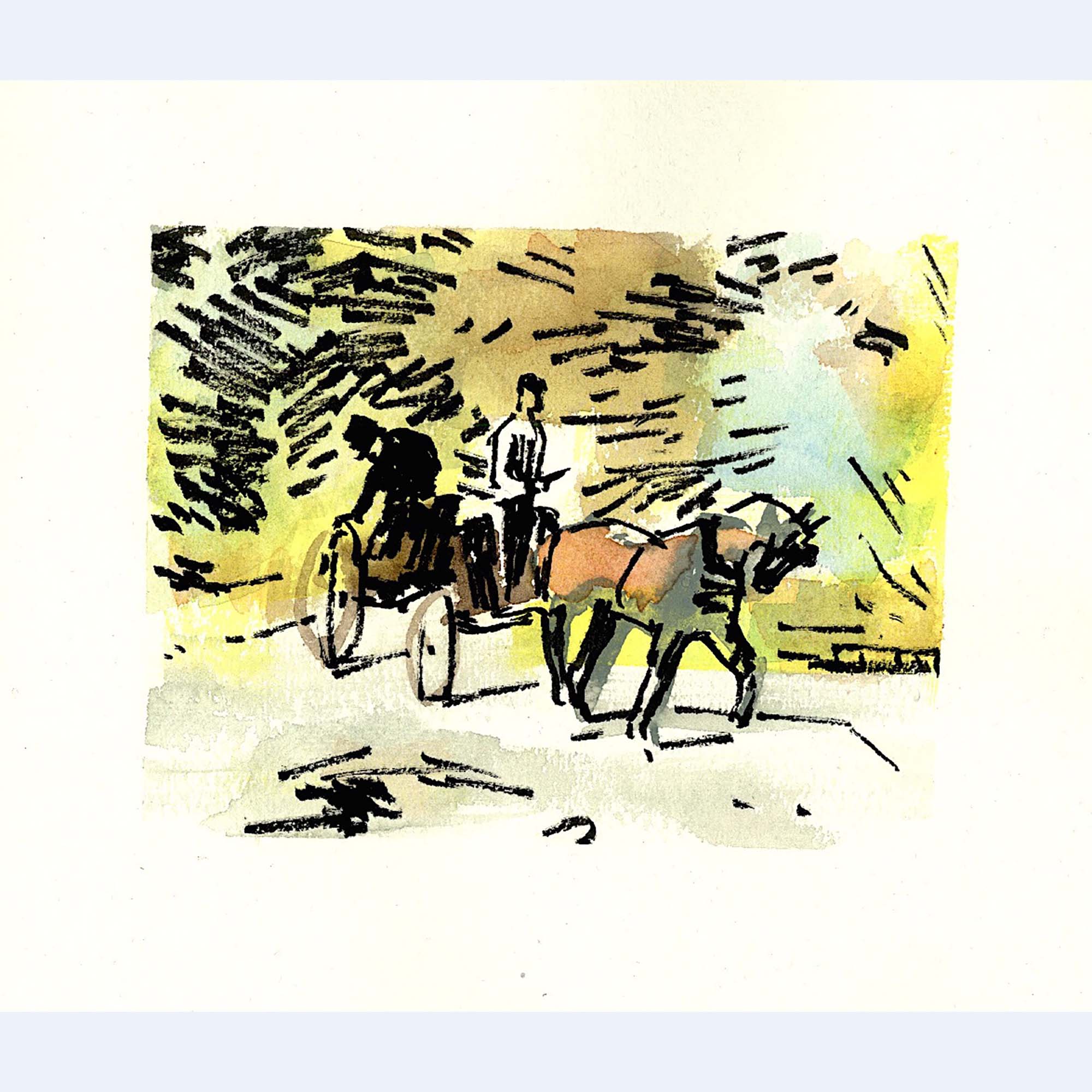 one horse carriage with two men standing in it, riding through woodland scenery