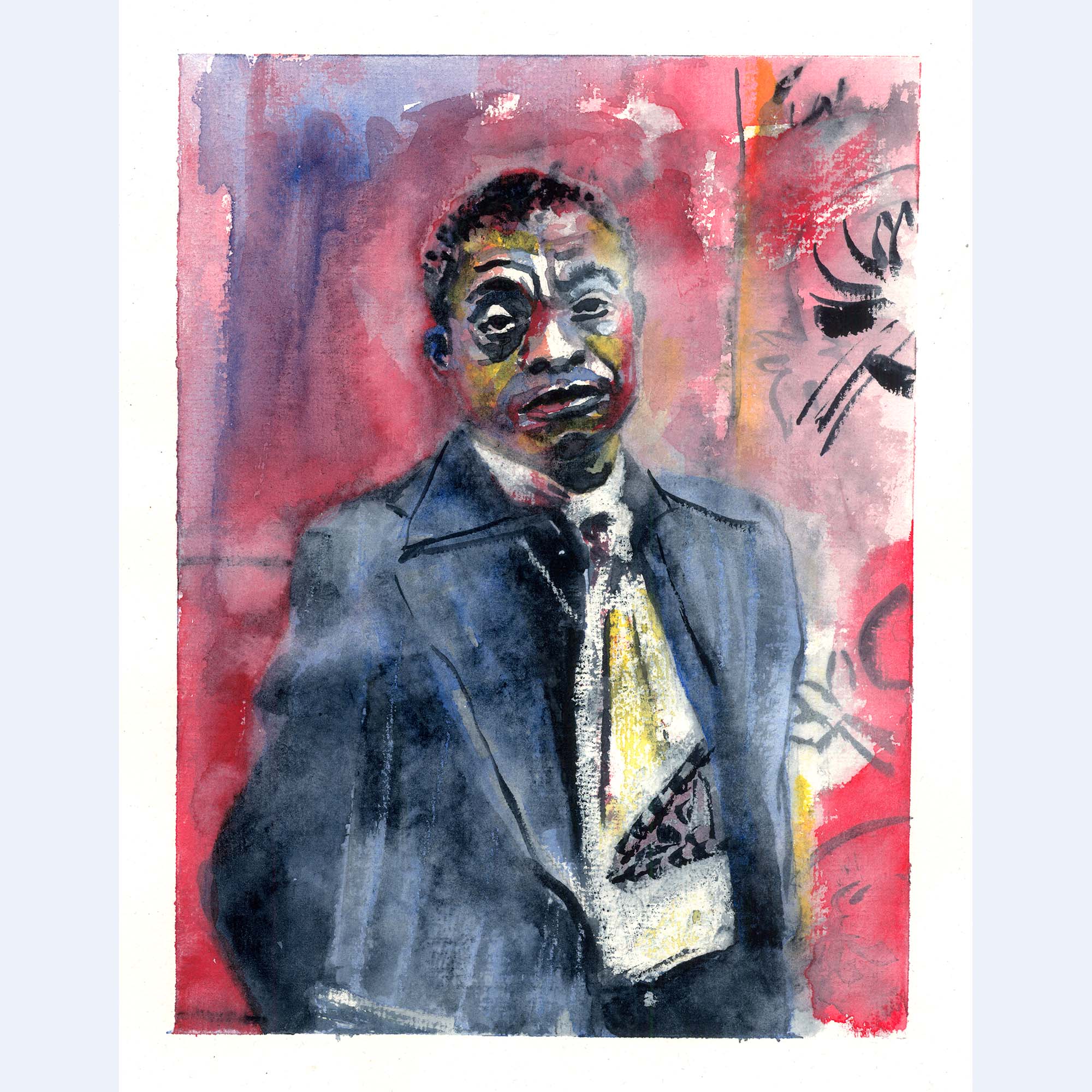 james baldwin portrait with a pink background
