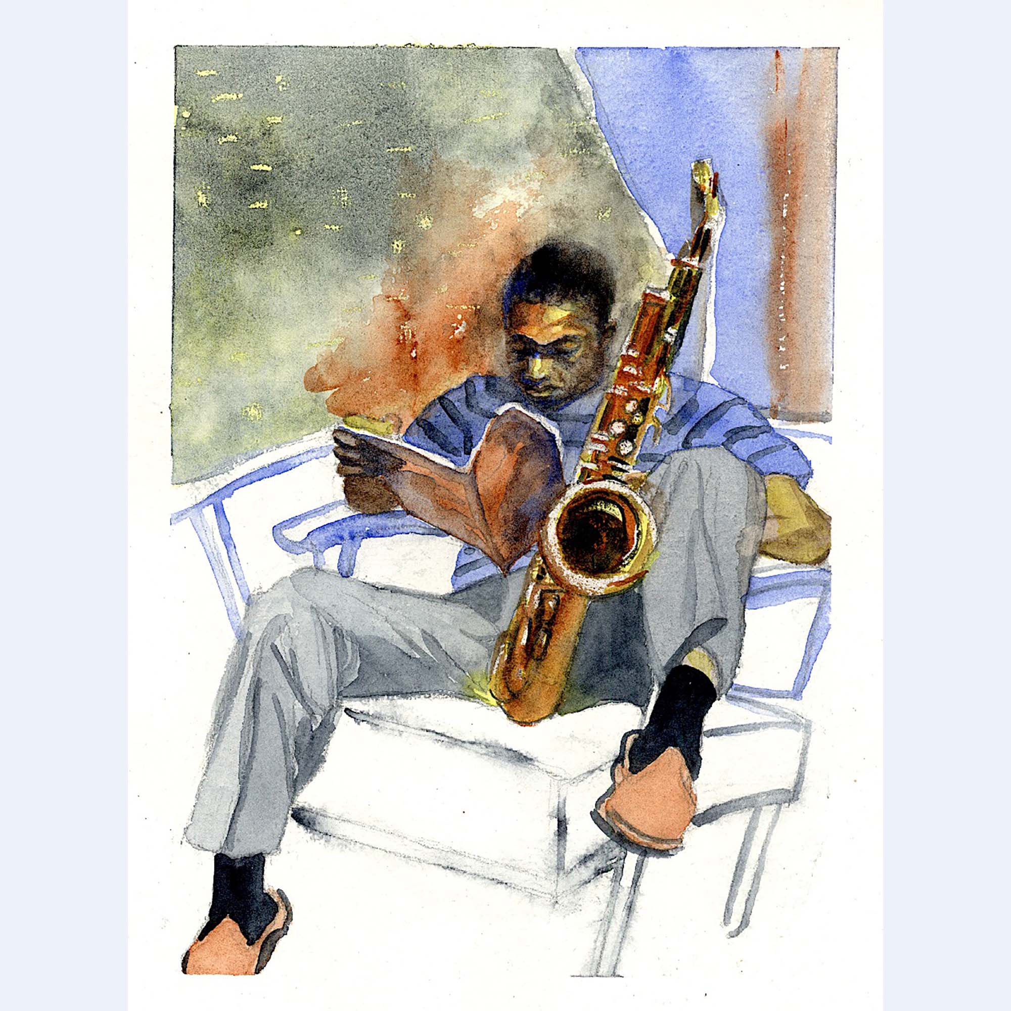 john coltrane sitting in a chair, reading and holding a saxophone