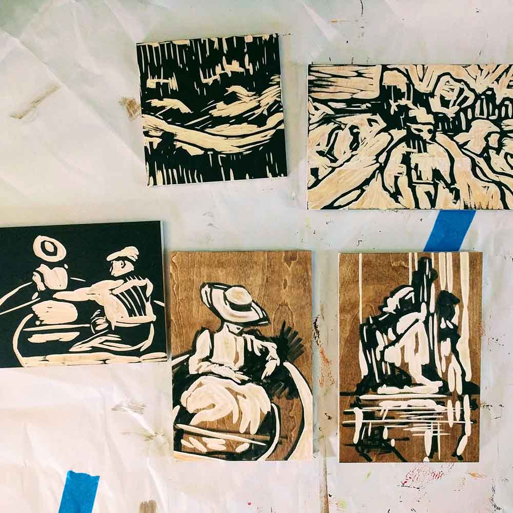 five carved woodcuts with ink on them of a woman in a boat, water, and a rock island