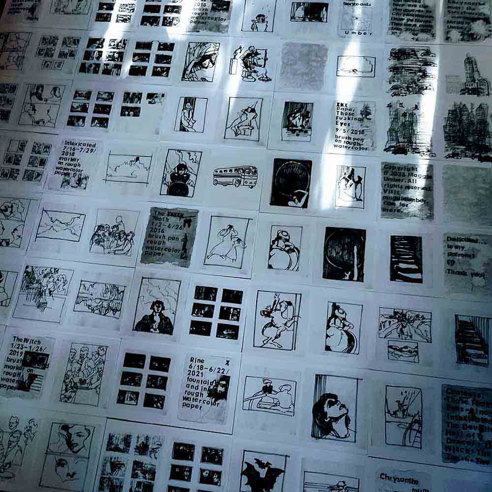 Chrysanthemum: the Storyboards zine pages printed out laying spread out on the floor, sun-dappled