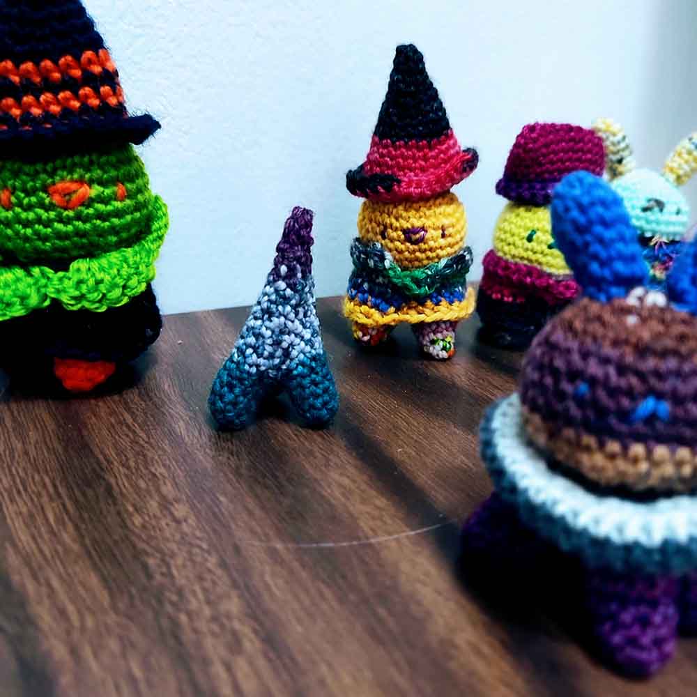 crocheted bun alien and spiky nunion toys