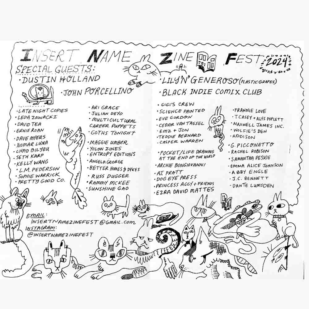 Insert Name Zine Fest 2024 list of special guests and tablers including Maggie Umber, with drawings by Emily J. Mehr