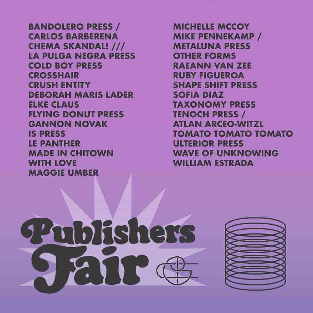 list of Publishers Fair vendors on a purple background