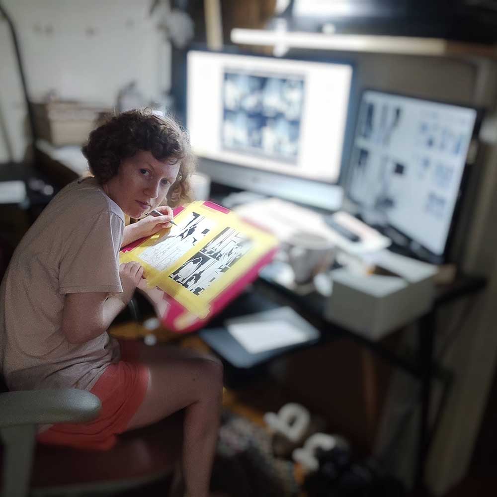 Maggie Umber in studio working on fountain pen drawings for CUTW