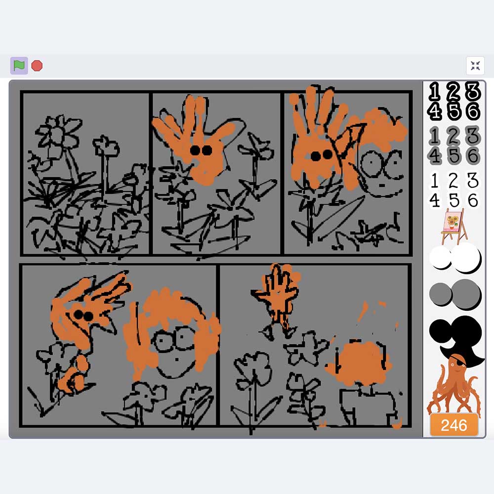Scratch coding display with painting program coded by Maggie Umber for SAW Free Friday Comics Workshop