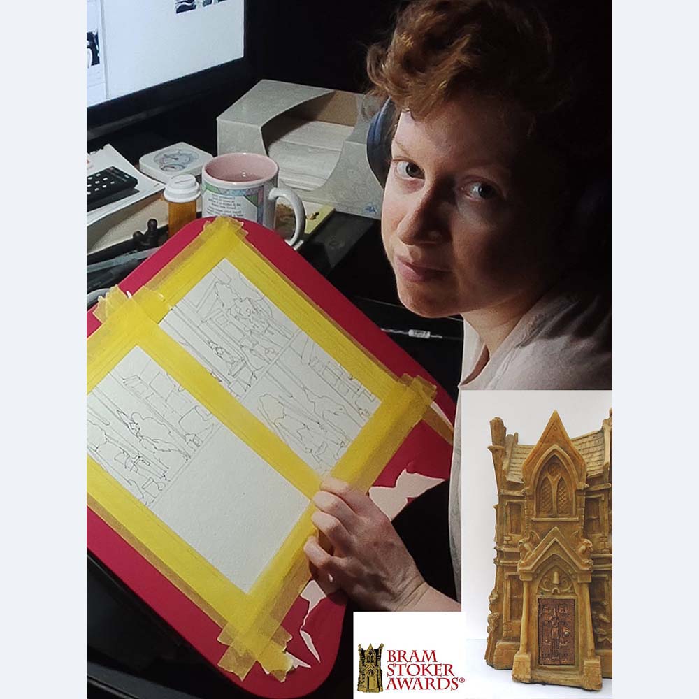 Maggie Umber with Bram Stoker trophy, text reads: Bram Stoker Awards®