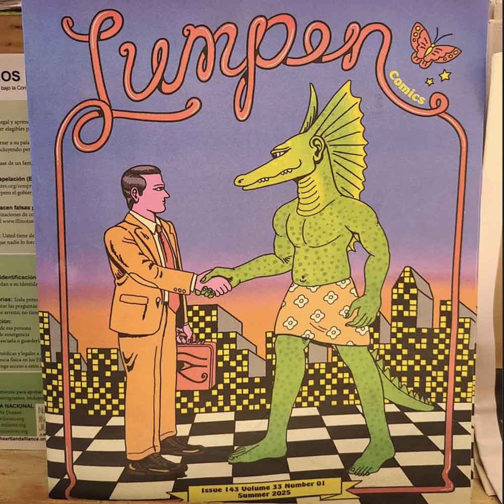 a person in a suit shaking hands with a lizard person, text reads: Lumpen Comics Issue #143