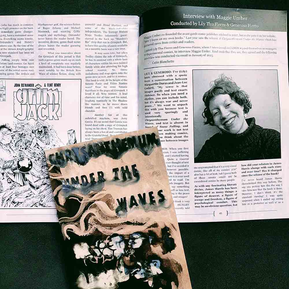 copyright Maggie Umber interior pages of Loading the Canon and front cover of Chrysanthemum Under the Waves