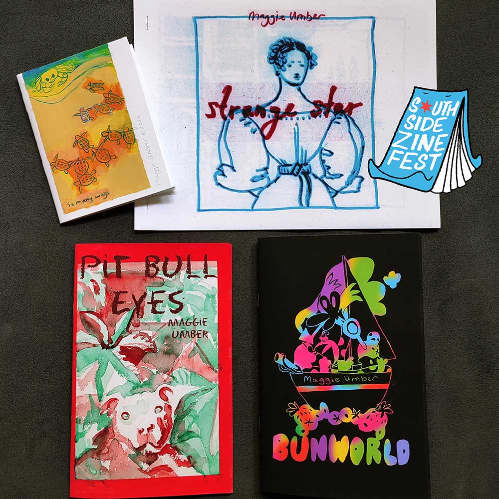 copyright Maggie Umber South Side Zine Fest books from Millions of Minis Zine Tour, So Many Ways, Strange Star, Pit Bull Eyes, Bunworld 2