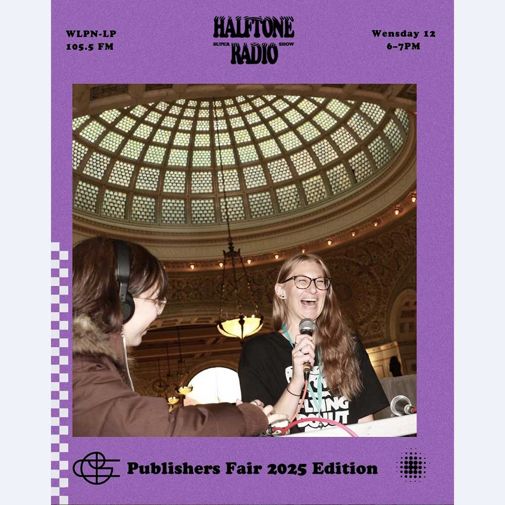 In the glow of the Chicago Cultural Center’s Tiffany glass dome, a Halftone Radio Super Show @flyingdonutpress laughs mid-sentence, microphone in hand, as another interviewer wearing headphones extends a recorder toward her. The broadcast table is set up among the ornate chandeliers and carved details of Preston Bradley Hall, surrounded by the hum of the Publishers Fair 2025.