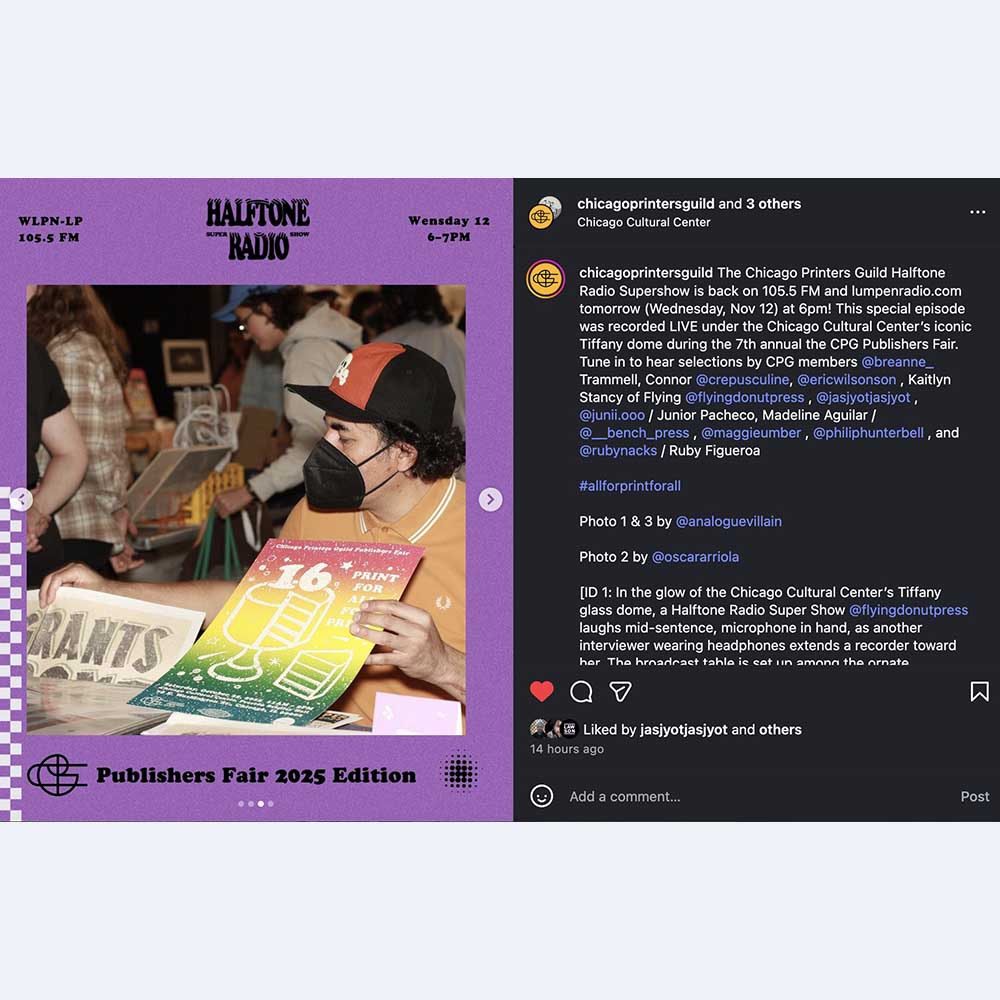 A @chemaskandal at the Chicago Printers Guild Publishers Fair 2025 carefully displays a colorful poster reading Print for All for Print. Surrounded by zines, prints.