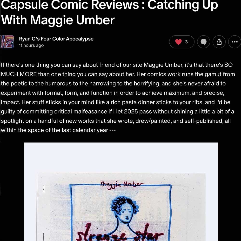 Maggie Umber holding her comic zine, text reads: MAC Fest, The GOK Specials, Maggie Umber