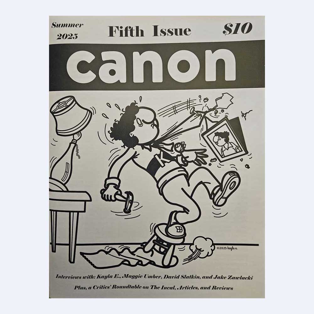 copyright Maggie Umber black and white image of woman falling off a stool on book cover, text reads: Canon 5