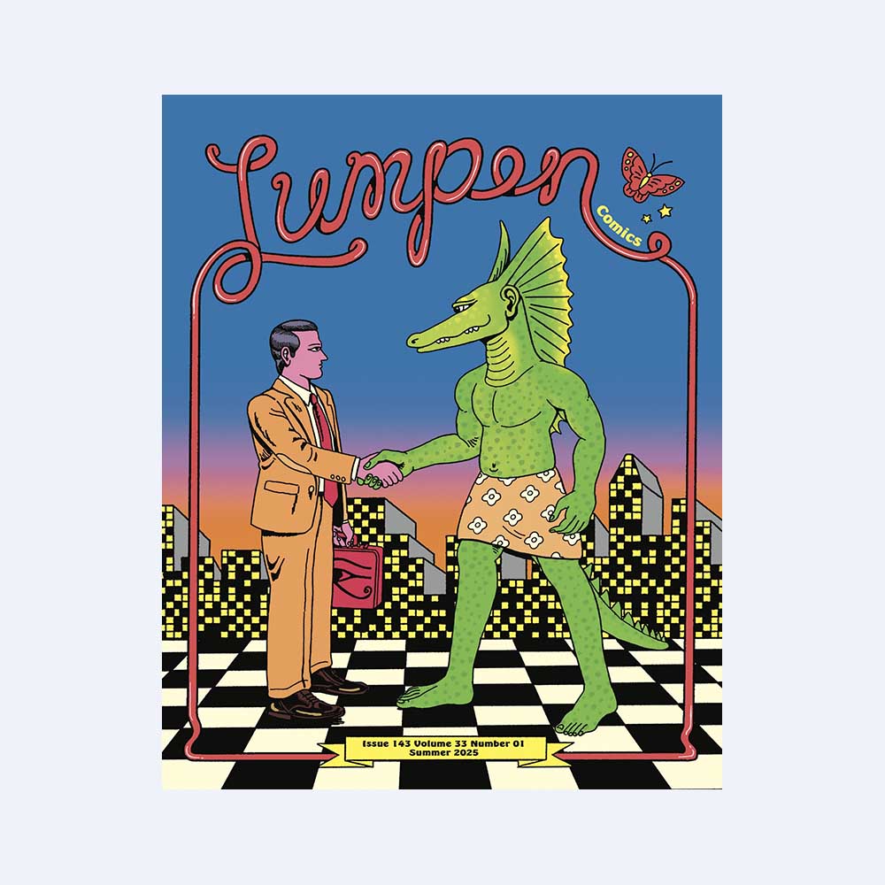 a person in a suit shaking hands with a lizard person, text reads: Lumpen Comics Issue #143