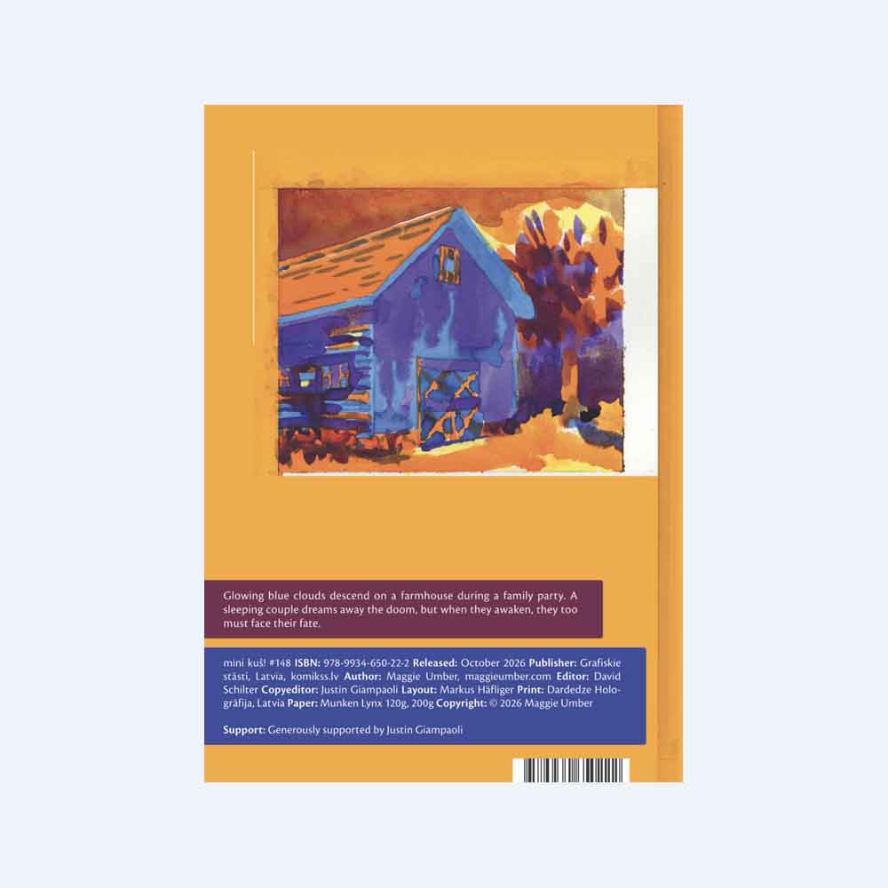 copyright Maggie Umber back cover of The Heaviness of Glowing Blue Clouds, with image of closed garage
